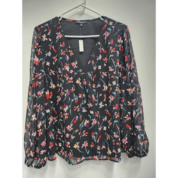 Madewell Tops - Madewell Womens Black Floral Blouse Size XL Bishop Sleeve Pullover Top NEW